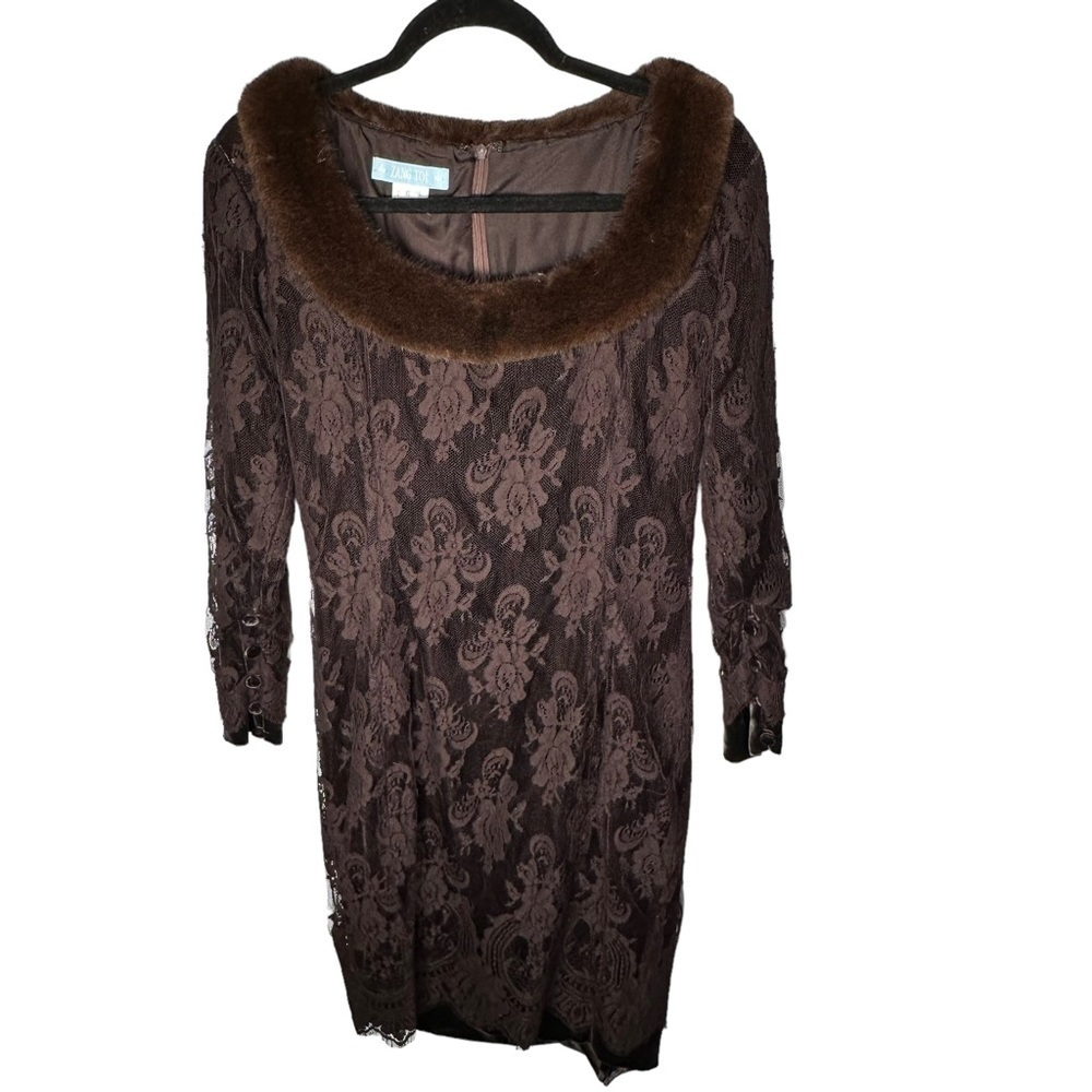 Zang Toi Brown Lace Fur Collar Long Sleeve 100% Silk Dress